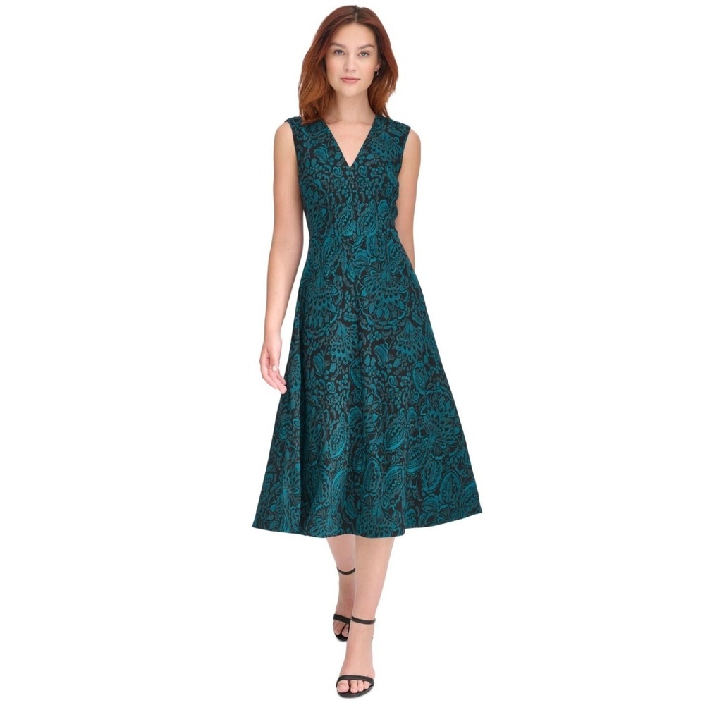 NWT Tommy Hilfiger Green Black Paisley Sleeveless V-Neck Midi Dress Size 16